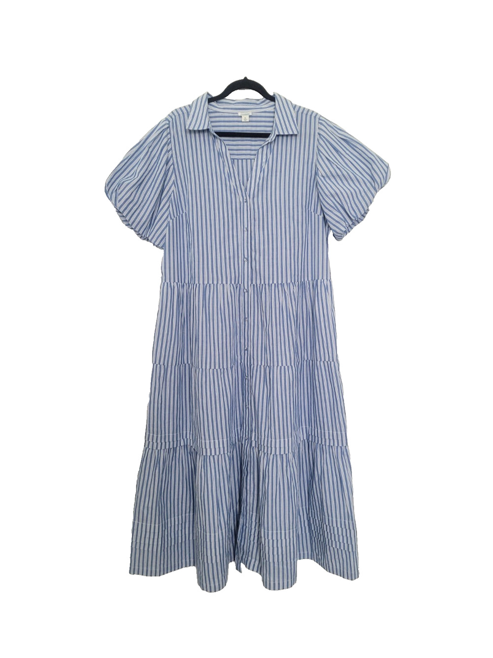 Sundance Striped Puff Sleeve Tiered Button Maxi Dress Size XL Nautical Coastal